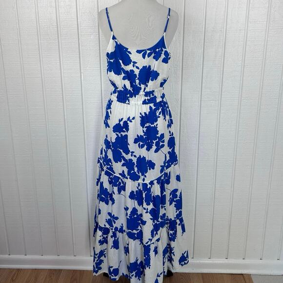 Cynthia Rowley Blue White Floral Linen Tiered Midi Dress Boho Cottagecore Size S - Picture 6 of 8